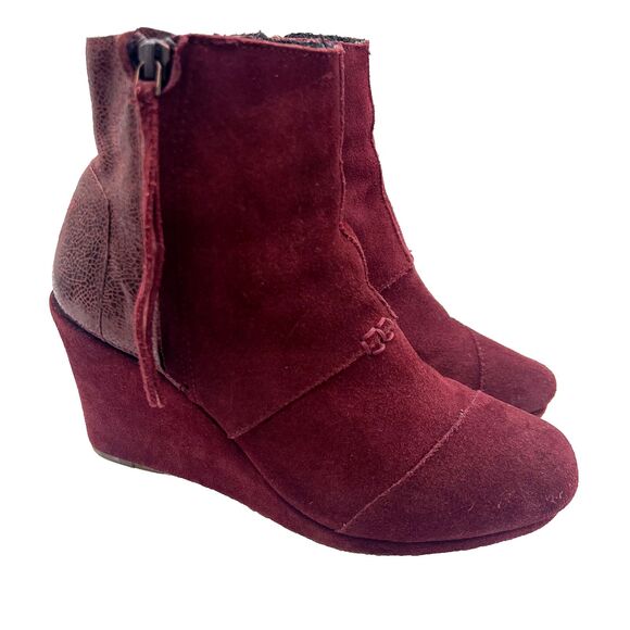 Toms Maroon Suede Desert Side Zipper Wedges Booties Women's Size 7.5 - Picture 2 of 10